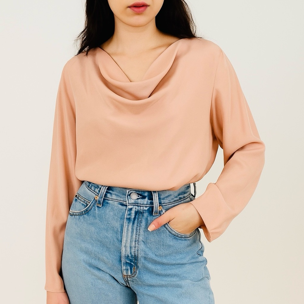 Anne Klein II Vintage Cowl Neck Dusty Peach Long Sleeve Designer Blouse